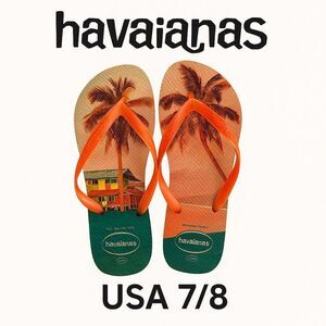 Havaianas Flip Flops Sz 7/8 Derawan Beach Palm Print Orange Straps